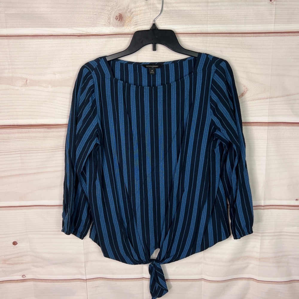 Banana Republic Top Women M Blue Stripe Blouse Tie Waist Textured Woven Pullover